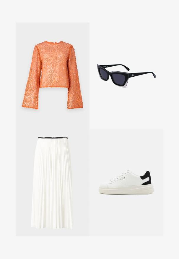 Oransje paljettskjorte med lange, utvidede ermer, rund hals og en teksturert overflate av overlappende paljetter, med en subtil glans.; Plissert hvit skjørt med en svart elastisk midje som har "LACOSTE"-logoen. Midjelengde design med myk tekstur.; Hvite lær sneakers med tykk hvit såle, svart semsket hælforsterkning og preget logo på siden. Snøresystem med seks hull.; Store svarte solbriller i overdimensjonert størrelse med geometrisk form, med mørke linser og en kontrasterende grå detalj på rammen. Logo på armen.