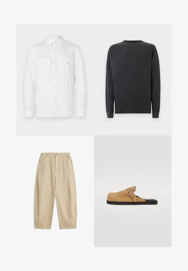 Valkoinen napapaidan, joka on valmistettu kevyestä kankaasta, jossa on kaulus, pitkät hihat ja kaksi etutaskua napilla.; Pitkähihaainen crewneck-sweatshirt tummanharmaana, valmistettu pehmeästä puuvillaseoksesta. Varressa on ribbikudotut hihansuut ja kaulus, ja pinnassa on sileä, hiukan rakenteellinen viimeistely.; Beige puuvillased laiad püksid kõrge vöökoha ja esitaskutega, mis on varustatud esise klõpsuga. Laud kõrval ei jäta puhtaid õmblusi.; Ruskeat mokka liukupohjat kengät, joissa on tasainen musta pohja, varustettu säätöä varten solkiremmillä ja sileällä sisävuorilla.