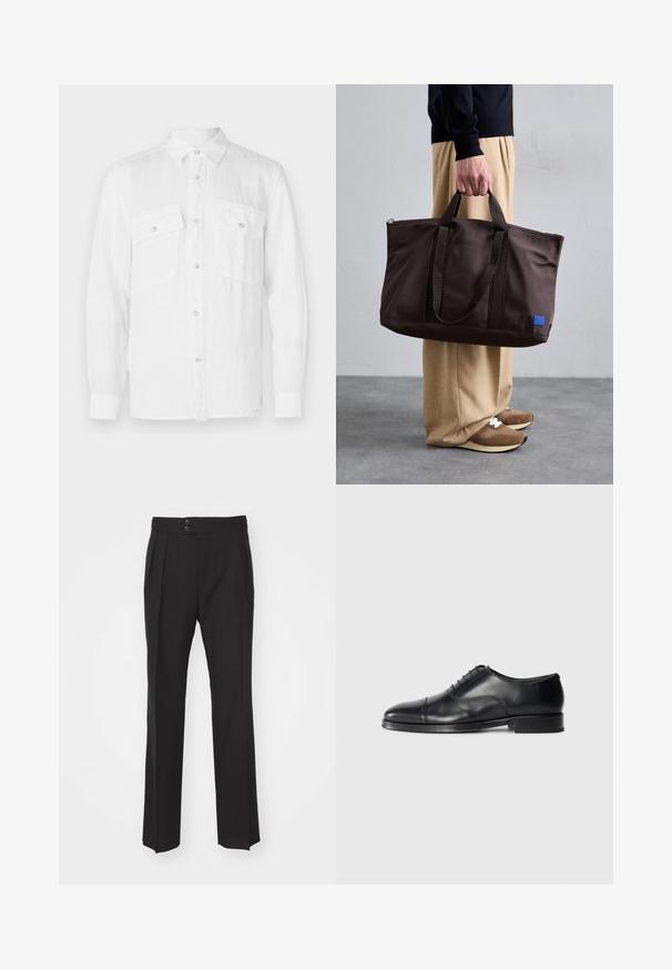 Bílá košile na knoflíčky vyrobená z lehkého materiálu, s límečkem, dlouhými rukávy a dvěma předními kapsami na hrudi se zapínáním na knoflíky.; Černé upravené kalhoty s rovnými nohavicemi, dvěma předními kapsami a zapínáním na dvojnásobný knoflík v pase. Hladký textilní materiál.; Černá kožená společenská obuv s oblým špičkou, hladkým povrchem, šněrovacím designem a jemným švem, s nízkým plochým podpatkem.; Hnědá nylonová taška s dvojitými uchy, zipovým uzávěrem a modrou logem nášivkou. Hladký povrch, strukturovaný design, prostorný interiér.