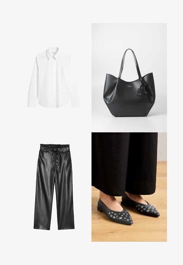 White long-sleeve shirt made of smooth cotton. Features a pointed collar, button closure, and rounded hem with button cuffs.; Black faux leather wide-leg pants with an elasticated, ruffled waistband, and a detachable tie belt. Smooth texture and minimal sheen.; Black leather flats with a pointed toe, featuring metal eyelet accents in varying sizes, and a low square heel. Smooth texture on wooden floor.; Black tote bag made of textured synthetic material with a wide silhouette, featuring dual handles and a branded pendant detail.; Silver hoop earring with a polished finish, featuring small gold accent details and a round shape, worn on the lobe.