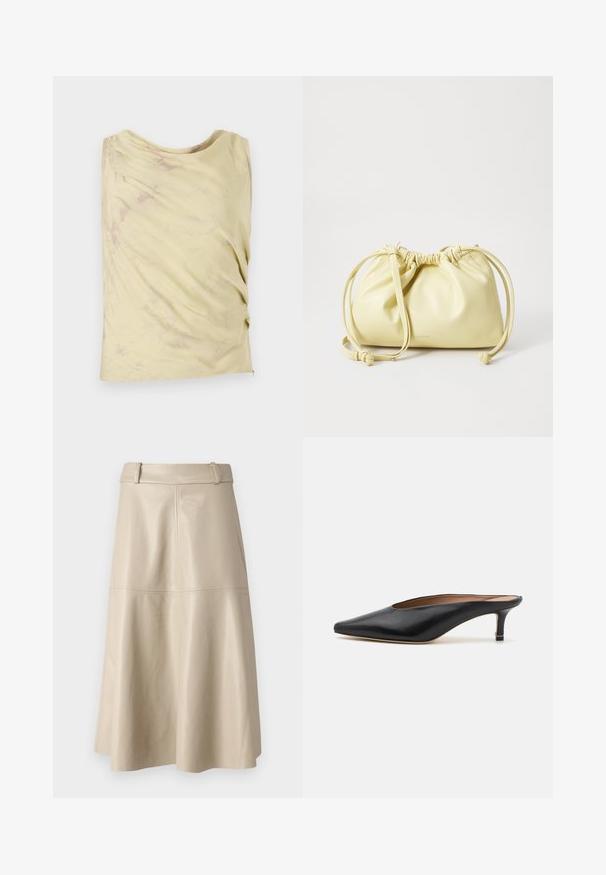 Lys gul ermeløs topp med en drapert design og subtil marmorert tekstur. Har en avslappet passform og rund halslinning.; Beige skinnederett midi med en glatt tekstur, bred midjebånd og flagrende kant; har sydd sømmer for ekstra detaljer.; Sorte lærmules med spiss tå og lav, blokkert hæl. Glatt tekstur med et elegant design. Åpen bak med minimal detaljering.; Gul lærveske med en samlet design, justerbar snøring og en enkelt lang stropp. Minimal merkevare på bunnen.