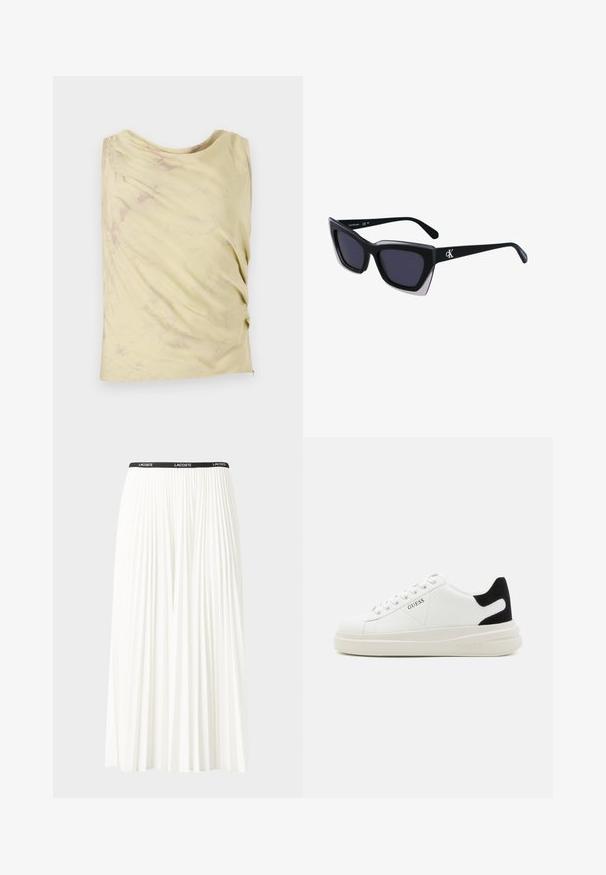 Lichtgele mouwloze top met een gedrapeerd ontwerp en subtiele gemarmerde textuur. Heeft een relaxte fit en een ronde halslijn.; Plisséminirok in het wit met een zwarte elastische tailleband met het "LACOSTE"-logo. Middellange ontwerp met een zachte textuur.; Witte leren sneakers met een dikke witte zool, zwarte suède hielaccent en een geperst logo op de zijkant. Vetersluiting met zes oogjes.; Zwarte oversized zonnebril met een geometrische vorm, voorzien van donkere glazen en een contrasterend grijs detail op het montuur. Logo op de arm.