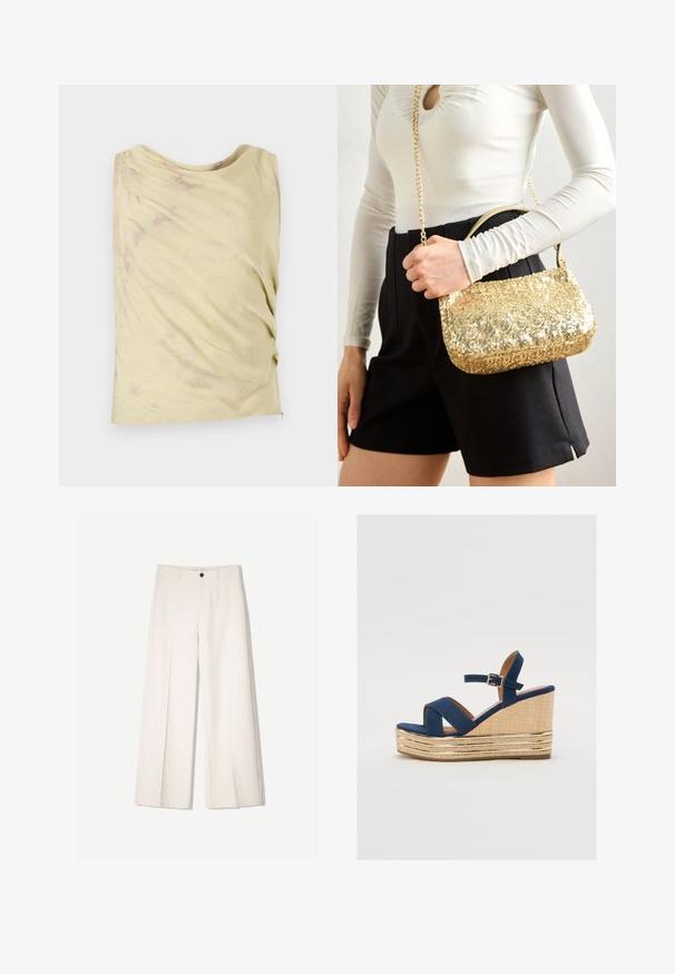 Top senza maniche di un giallo chiaro con un design drappeggiato e una sottile texture marmorizzata. Presenta una vestibilità morbida e un collo rotondo.; Pantaloni larghi color crema con design sartoriale, dotati di due tasche frontali e una chiusura con bottone anteriore, realizzati in tessuto liscio.; Sandalo con zeppa blu navy, con cinturini incrociati, una piattaforma in fibra naturale testurizzata e un accento metallico dorato alla base.; Borsa a tracolla dorata con paillettes, di forma rettangolare, dotata di un manico corto e di una lunga tracolla in catena. La texture è lucida e riflettente.