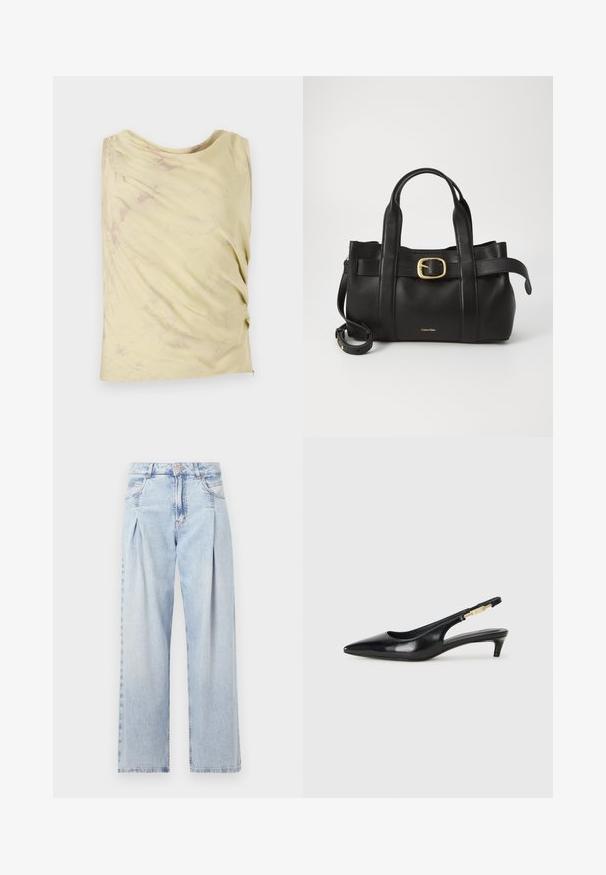 Light yellow sleeveless top with a draped design and subtle marbled texture. Features a relaxed fit and rounded neckline.; Light blue denim jeans with a high waist, wide-leg cut, two side pockets, and pleated design feature. Soft texture with a faded finish.; Black leather slingback heels with a pointed toe, featuring a slim heel and a gold-tone accent on the adjustable strap. Smooth texture.; Black leather handbag featuring a structured design, dual top handles, gold-tone buckle accent, and embossed brand logo at the front.
