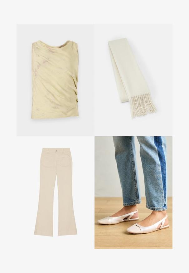 Svetlo rumena brezrokavna majica z drapirano zasnovo in subtilno marmorirano teksturo. Ponuja sproščen kroj in okroglo izrez.; Bež hlače s širokim nogavicami in visokim pasom, narejene iz bombažnega blaga. Imajo sprednje in zadnje žepe, zanke za pas ter en sam srebrn gumb.; Svijetloružičaste slingback balerinke s šiljastim nožnim prstima, napravljene od glatkog materijala nalik koži. Imaju izrezane detalje sa strane i ravne pete.; Bela volnena šal, pravokotne oblike, gladke teksture, s frfotanjem na koncih za dodatno podrobnost.