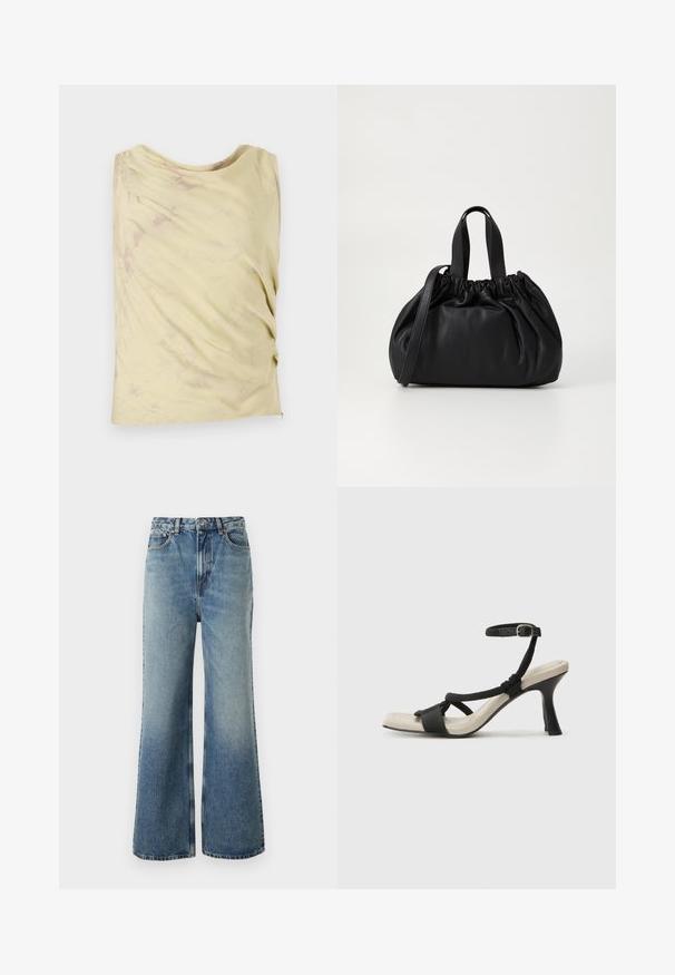 Világos sárga ujjatlan felső, drapírozott dizájnnal és finom márványos textúrával. Kényelmes fazon és kerek nyakkivágás jellemzi.; Világoskék farmernadrág magas derékkal, széles lábakkal, enyhe fakulással és kontrasztos varrással; elülső zsebekkel és gombos záródással rendelkezik.; Fekete sarkú szandál fonott pánttal, négyzet alakú orral és állítható bokapánttal. Világos bézs talpbetét fényes fekete sarkával.; Fekete bőr kézitáska, összegyűrt felső dizájnnal, két rövid fülekkel és egy hosszú, állítható pánttal. Simább textúra, lekerekített forma.