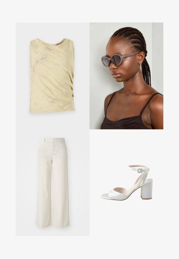 Šviesiai geltona be rankovių palaidinė su drapiruotu dizainu ir subtilia marmuro tekstūra. Pasižymi laisvu siluetu ir apvaliu iškirpimu.; Pločios kojos kelnės šviesiai bežinės spalvos, pagamintos iš lygaus audinio. Yra klasikinis juosmens dizainas ir lygūs priekiniai įsiuvai su švariomis linijomis.; Baltos aukštakulnės sandaļos su blizgiais satino viršumi, plačiu blokiniu kulnu ir kulkšnies dirželiu su maža sagtimi. Sklandžios tekstūros, minimalus dizainas.; Pilki per dideli akiniai suapvalinta forma ir tamsiais lęšiais. Išskirtinės plastikinės rėmo formos glotnus paviršius. Modelis turi nertas plaukus.