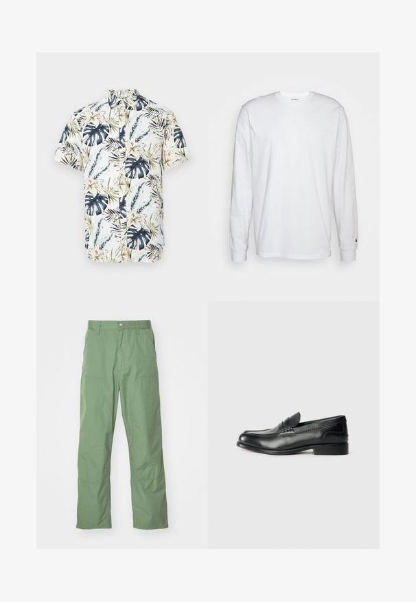 Chemise à manches courtes avec une base blanche et un motif tropical comportant des feuilles bleues et vertes, des fleurs jaunes, et un devant à boutons.; T-shirt blanc à manches longues en coton. Design à col rond avec des poignets côtelés et un petit logo sur la manche gauche. Texture lisse.; Pantalons vert clair, coupe décontractée avec une texture lisse, dotés de poches latérales et de détails de coutures visibles. Longueur complète avec un design à jambe droite.; Mocassins en cuir noir avec une finition lisse, des détails cousus sur le devant et un talon légèrement surélevé.