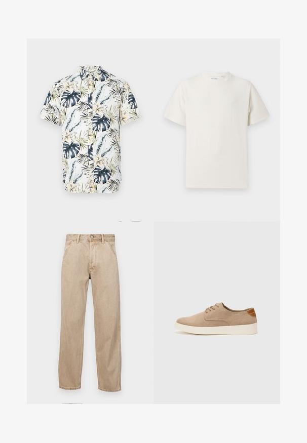 Īsām piedurkņu krekls ar baltu pamatni un tropisku rakstu, kurā ir zili un zaļi lapas, dzelteni ziedi un pogājama priekšpuse.; Balta krūštura īsām piedurknēm ar ribota auduma faktūru. Apaļš kakla izgriezums, brīvs griezums, bez redzamām rakstām vai akcentiem. Vienkāršs un daudzpusīgs dizains.; Beige džinsi ar taisnu kāju dizainu, ar priekšējiem kabatām, metāla pogu aizdari un smalku faktūru.; Beige zamšādas kedas ar noapaļotu purngala daļu, auklēm saplacinātu priekšpusi un teksturētu aizmugures akcentu. Balta gumijas zole nodrošina kontrastu. Vienkāršs un mūsdienīgs dizains.