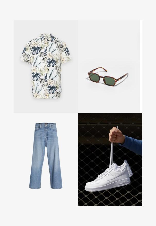 Chemise à manches courtes avec une base blanche et un motif tropical comportant des feuilles bleues et vertes, des fleurs jaunes, et un devant à boutons.; Jean en denim bleu clair, taille haute, à jambes larges, avec une fermeture à boutons, un design à cinq poches et une légère décoloration. Finitions au bas net.; Baskets en cuir blanc avec perforations, à bout rond, semelle plate et lacets épais, arborant un logo swoosh visible et "AIR" sur le talon.; Lunettes de soleil en écaille de tortue avec des verres verts, présentant une forme octogonale et des branches minces et courbées. Le matériau a une finition brillante.