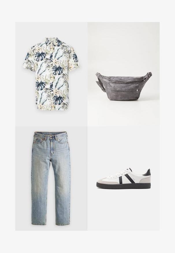 Majica kratkih rukava s bijelom podlogom i tropskim uzorkom koji uključuje plave i zelene listove, žute cvjetove te dugmad na prednjem dijelu.; Svijetloplave traperice visoki struk, prednji gumb, zatvarač i dizajn s pet džepova, položene ravno na neutralnoj pozadini.; Bijele tenisice s crnim i sivim detaljima, s teksturiranim sivim zaštitnikom prstiju, crnim gumene potplate i ravnim bijelim vezicama. Čist dizajn, minimalistički stil.; Siva zamšasta torbica preko struka sa zaobljenim oblikom, dva zip zatvorena odjeljka i podesivim remenom. Sadrži metalne naglaske.