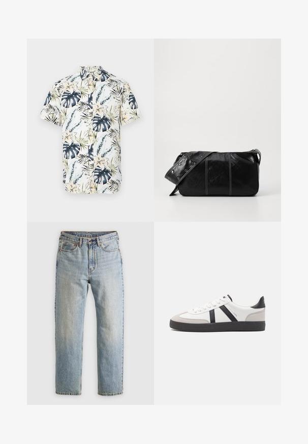 Camicia a maniche corte con base bianca e stampa tropicale che presenta foglie blu e verdi, fiori gialli e chiusura con bottoni.; Jeans in denim azzurro chiaro con vita alta, bottone anteriore, cerniera e design a cinque tasche, adagiati su uno sfondo neutro.; Sneaker bianco con accenti neri e grigi, dotata di una punta grigia testurizzata, suola in gomma nera e lacci bianchi piatti. Design pulito, stile minimalista.; Borsa a spalla in pelle nera con chiusura a zip, caratterizzata da un corpo testurizzato, cuciture bianche e una tracolla con occhielli in argento.