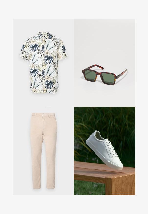 Majica kratkih rukava s bijelom podlogom i tropskim uzorkom koji uključuje plave i zelene listove, žute cvjetove te dugmad na prednjem dijelu.; Bežani kordura hlače s ravnim krojem, s kopčanjem na gumb, petljama za remen i suptilnom rebrastom teksturom.; Bijele tenisice s vezicama lebde iznad drvenih klupa uz pozadinu zelenog lišća, prikazujući dizajn i teksturu obuće.; Suncane naočale u obliku kvadrata s uzorkom kornjače, sa zelenim staklima i kontrastnim narančastim akcentima duž ivica ručica.