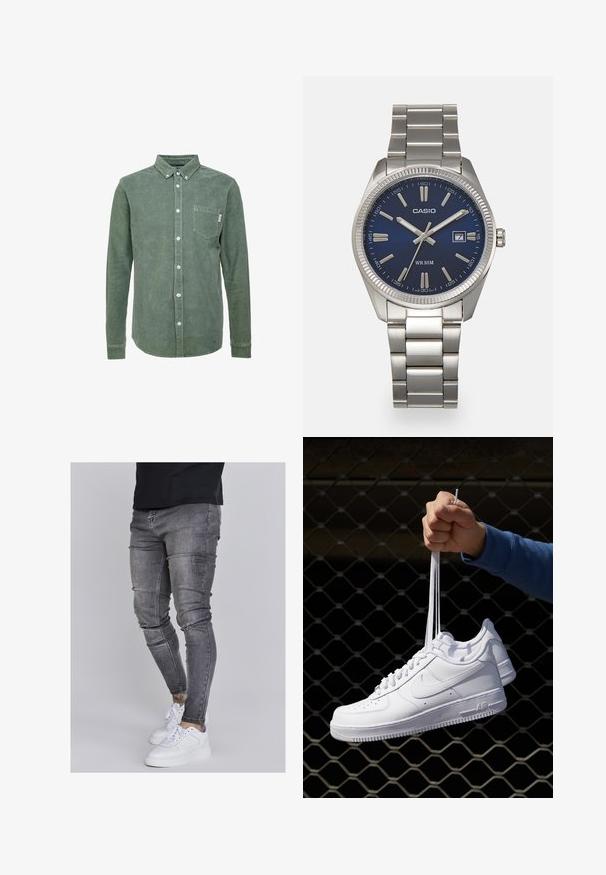 Grøn kordfløjl skjorte med knap-krave, lange ærmer, en lomme på venstre bryst og hvide knapper. Tekstureret finish.; Slank jeans i falmet grå denim med slidte detaljer ved knæene, parret med hvide sneakers. Glat tekstur, slim fit design.; Hvide lædersneakers med perforeringer, rund tå, flad sål og tykke snørebånd, med et synligt swoosh-logo og "AIR" på hælen.; Sølv rustfrit stål urrem med en marineblå urskive, metallic timemarkører og et datovindue kl. 3. Vandafvisende op til 50 meter.