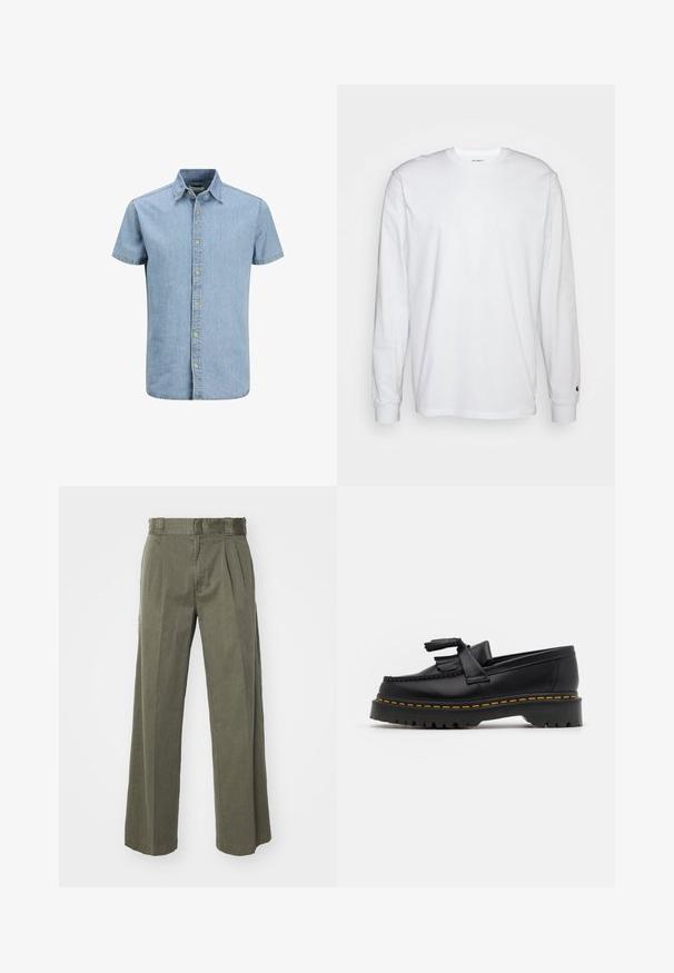 Kratka traka od trapera u svijetloplavoj boji, s gumbima sprijeda, šiljastim ovratnikom i glatkom teksturom s minimalnim detaljima šivanja.; Bijela dugopruga majica s dugim rukavima od pamuka. Dizajn s okruglim izrezom, rebrastim manžetama i malim logotipom na lijevom rukavu. Glatka tekstura.; Maslinasto zelene hlače sa širokim, ležernim krojem i prednjim nabranim detaljima. Izrađene od teksturiranog materijala s klasičnim pojasom i bez vidljivih metalnih dijelova.; Crna kožna loaferica s resicama, koja ima čvrst crni potplat i žute šavove duž ruba. Teksturirana završna obrada.