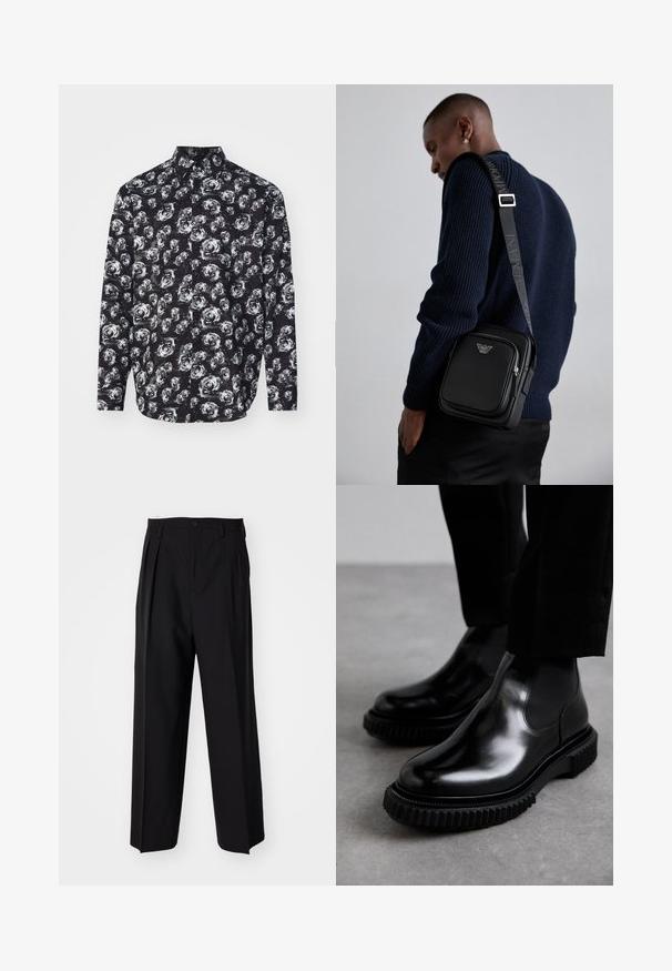 Black long-sleeve shirt featuring a white rose pattern, collared neck, and button-down front. Made from lightweight fabric with a smooth texture.; Black pleated trousers with a straight, wide-leg design. Made from smooth fabric, featuring a button closure and belt loops.; Black leather chelsea boots with a smooth finish, elastic side panels, and a thick, textured rubber sole featuring a rugged tread pattern.; Black leather crossbody bag with a zippered compartment, logo detail, and a branded adjustable strap. Worn against a textured navy sweater.