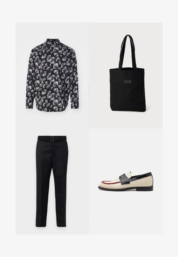 Svart långärmad skjorta med ett mönster av vita rosor, krage och knäppning framtill. Tillverkad av lättviktsmaterial med en mjuk textur.; Svarta skräddarsydda byxor har en slät väv, rak passform och en bälte med en rektangulär spänne. Framstående veck framhäver designen.; Beiga loafers med präglat mönster, röd accentrand och glänsande svart klack. Har ett band med spänne. Platt svart sula.; Svart canvas tote-väska med två handtag, med en platt topp, texturerad yta och en liten präglad logotyp på framsidan.