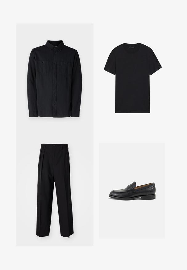 GAP BRUSHED UTILITY - Dalykiniai marškiniai - true black; Juodas medvilnės marškinėliai su trumpomis rankovėmis ir apvalia iškirpte. Audinys turi lygų paviršių ir paprastą, vientisą dizainą.; Juodi klostuoti kelnių, su tiesiu, plačiu kojų dizainu. Pagaminti iš lygios medžiagos, su mygtukų uždarymu ir diržo kilputėmis.; Juodi odiniai loafersai su lygiu paviršiumi, apvaliu pirštu ir dekoratyvine siūlė viršuje. Žemas sustiprintas kulnas ir lengvas blizgesys.