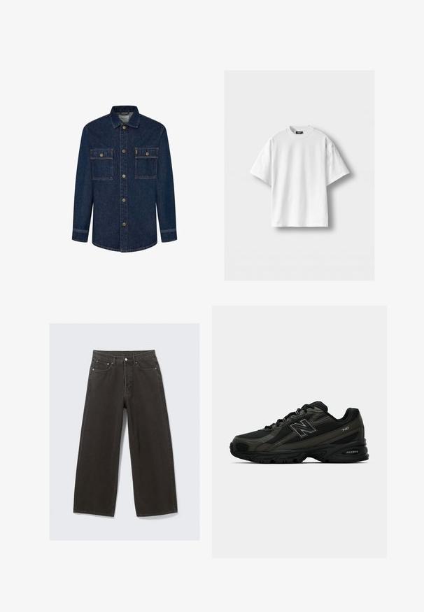 Ciemnoniebieska kurtka dżinsowa z długimi rękawami, dwoma kieszeniami na piersi i zapięciem na guziki. Posiada kontrastowe szwy oraz kołnierzyk.; Biała bawełniana koszulka z krótkimi rękawami, okrągłym dekoltem i luźnym krojem. Gładka faktura, bez wzorów i akcentów.; Szerokie czarne dżinsy z wysokim stanem, pięcioma kieszeniami i zapięciem na guzik. Materiał ma miękkie, teksturowane wykończenie.; Czarne sportowe buty z teksturowanym syntetycznym wierzchem, z amortyzowaną podeszwą i wyraźnym logo "N" z boku. Wzór zawiera lekkie siatkowe sekcje.