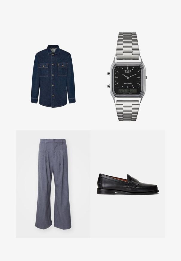 Ciemnoniebieska kurtka dżinsowa z długimi rękawami, dwoma kieszeniami na piersi i zapięciem na guziki. Posiada kontrastowe szwy oraz kołnierzyk.; Szare spodnie w prążki o szerokim kroju, z zakładkami z przodu i gładką fakturą. Brak widocznych elementów metalowych lub akcentów.; Czarne skórzane mokasyny z gładkim wykończeniem, zaokrąglonym noskiem i ozdobnym paskiem na cholewce. Posiadają niską czarną podeszwę.; Srebrny zegarek kwarcowy ze stali nierdzewnej z czarną prostokątną tarczą, wyposażony w analogowe wskazówki, wyświetlacz cyfrowy oraz oznaczenie odporności na wodę.