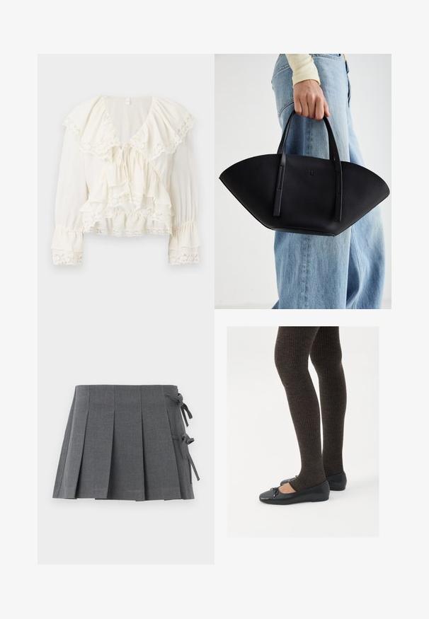 Hvit bluse med lagdelt, volang-design, blondekant på ermene og kanten, samt V-hals med snøring.; Grå plissert skjørt med belte og snøring, laget av teksturert stoff, med en ren løsning og uten synlig maskinvare.; Sorte flate sko med en liten sløyfedetalj på tåen, kombinert med mørkebrune ribbede strømpebukser. Skoene har en glatt overflate og lav profil.; Svart skinnveske med en unik vifteform, med flate håndtak. Overflaten har en pebblelignende tekstur og et minimalistisk design.