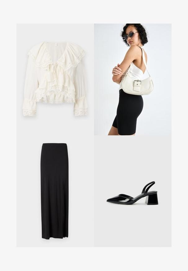 Weiße Bluse mit geschichteter, Rüschendesign, Spitzenbesatz an den Ärmeln und dem Saum sowie einem V-Ausschnitt mit einem Kordelzugverschluss.; Schwarzer Maxikleid-Rock aus weichem, dehnbarem Material. Verfügt über einen Seitenschlitz und ein einfaches, schlankes Design ohne Verzierungen.; Schwarze Lackleder-Slingback-High Heels mit spitzem Schuh und einem geometrischen Blockabsatz. Verfügt über ein schlankes, minimalistisches Design und eine glatte Textur.; Weiße Lederhandtasche mit geschwungener Form, verstellbarem Tragegurt und einem kleinen Schnallendetail. Das Modell trägt ein enges schwarzes Outfit.