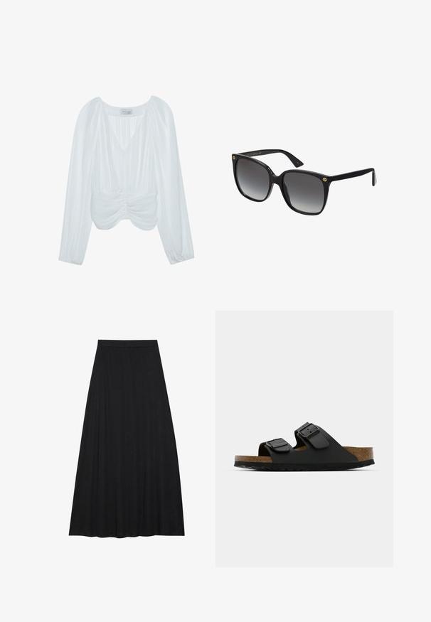 White long-sleeve blouse with a V-neck, pleated texture, gathered accents at the waist, and elastic cuffs. Brand name tag visible inside.; Black maxi skirt made of soft, flowing fabric. It features an elastic waist and a full, A-line silhouette with a smooth texture.; Black two-strap sandal with adjustable buckles, cork footbed, and textured rubber outsole. Features a flat, open design for easy wear.; Black oversized sunglasses with gradient lenses, thick plastic frames, and gold logo accents on the temples. Angular shape and polished finish.