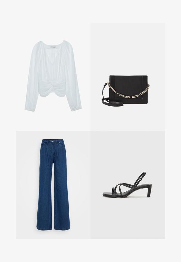 White long-sleeve blouse with a V-neck, pleated texture, gathered accents at the waist, and elastic cuffs. Brand name tag visible inside.; Wide-leg blue denim jeans with a high waist, front button and zipper closure, and front and back pockets against a plain background.; Black strappy sandal with a square toe and a low block heel. Features multiple thin straps and an adjustable ankle strap. Made of smooth leather.; Black leather crossbody bag featuring a smooth texture, rectangular shape, and a metallic chain detail on the front. Adjustable strap included.
