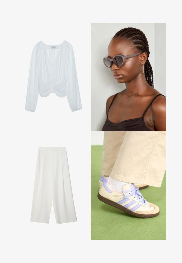 Hvid langærmet bluse med V-hals, plisseret struktur, samlede detaljer ved taljen og elastiske manchetter. Mærket synligt indeni.; Hvide, brede cropped bukser med en glat overflade, der har en flad front og ingen synlige lukninger eller lommer.; Creme og lavendel sneakers med tre striber og en tekstureret brun sål, der har snørebånd og en polstret hæl. Blødt stof øvre.; Grå oversized solbriller med rund form og mørke linser. Slank plastikramme med en glat finish. Modellen har fletninger.