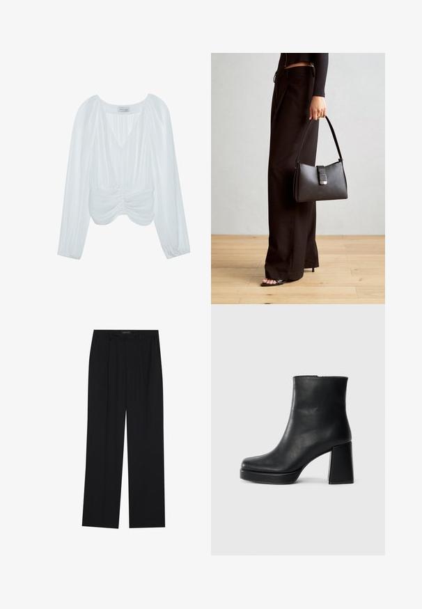 Valge pikkade varrukatega pluus V-kaelusega, volditud tekstuuriga, gatherdatud detailid vöökoha juures ja elastsed mansetid. Brändi nimi sildi sees nähtav.; Mustad püksid sirgjoonelise disainiga, millel on kaks esist taskut ja muudatus. Valmistatud siledast, kergekaalulisest kangast.; Must musta ankle boot, milleplokk-konts ja platvormi tallaga, vaadatud küljelt ühetoonilise valge tausta peal.; Must musta kott, millel on struktureeritud kuju, sile tekstuur ja metallist klamber. Kombineeritud laiate mustade pükstega ja avatud varvaste sandaalidega puidust põrandal.