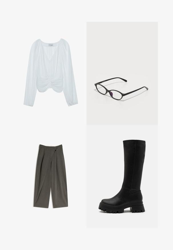 Bluză albă cu mânecă lungă, cu guler în V, textură plisată, detalii strânse la talie și manșete elastice. Eticheta cu numele mărcii este vizibilă în interior.; Pantaloni largi dintr-un material gri închis. Prezintă un croi drept, buzunare laterale și un închidere cu un singur nasture. Textură netedă, potrivire ajustată.; Cizme negre până la genunchi, fabricate din piele sintetică, având o talpă din cauciuc masivă cu striații adânci, suprafață netedă și detalii de cusătură minime.; Ochelari de plastic negri cu o formă ovală, având lentile clare și un accent mov pe lentila stângă. Design elegant și minimalist.; Geantă mică de crem cu un finisaj texturat, curea lungă și ajustabilă, accent cu lanț și închidere cu clapetă. Detalii din hardware aurie.