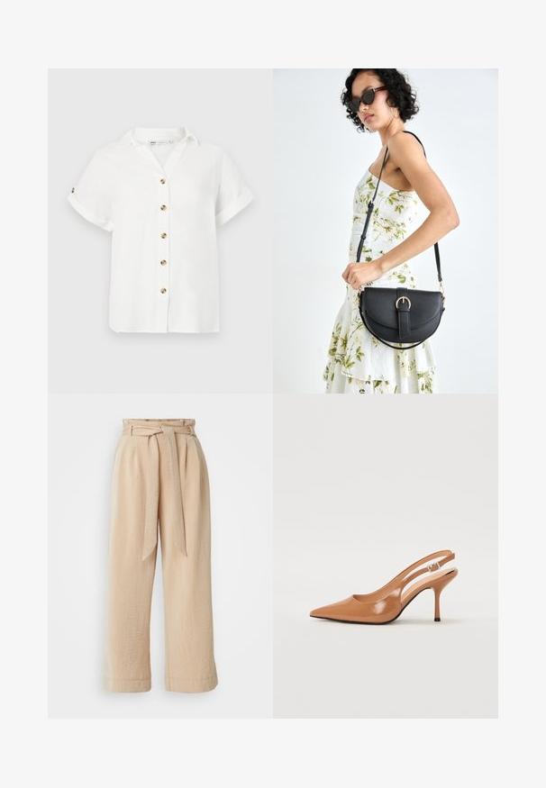 Balta īsām piedurknēm blūze ar apkakli, ar pogu aizdari priekšā, kas rotāta ar apaļām, zelta krāsas pogām. Izgatavota no viegla auduma.; Beiza plaša kāju bikses ar siksnu viduklī, izgatavotas no strukturētas auduma. Iekļauj priekšējo krokā un gludu apdari gar apakšu.; Izteikts pirksta siksnas zābaks, izgatavots no gludas, spīdīgas brūnas materiāla. Piedāvā izliekta izgriezuma dizainu un smalku stiletto papēdi. Sudraba sprādze.; Melnas ādas rokassoma ar izliekta formu, noņemamu siksnu un zelta aksesuāriem. Somai ir vāciņš ar sprādzes detaļu.