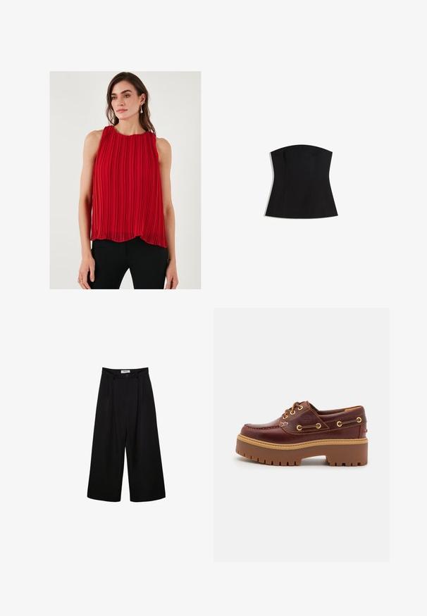 Punainen pleatattu hihaton paita, jossa on pyöreä kaula-aukko, ja se on muodoltaan ilmava ja kevyestä materiaalista. Yhdistetty mustiin kapeisiin housuihin.; Mustaton olkaimeton paita, jossa on tiukka siluetti, sileä rakenne ja leveä kaula-aukko. Sisältää muotoilua varten ompeleet ja puhtaan, minimalistisen muotoilun.; Mustat leveät housut, joissa on korkeavyötärö, poimutettu etuosa ja nappisulku. Valmistettu sileästä kankaasta, jossa on räätälöity muotoilu.; Ruskea nahkainen venejalkine, jossa on paksu ruskea kumipohja, kultaiset nauhapaikat ja kontrastiväriompelu. Sivussa on logo.