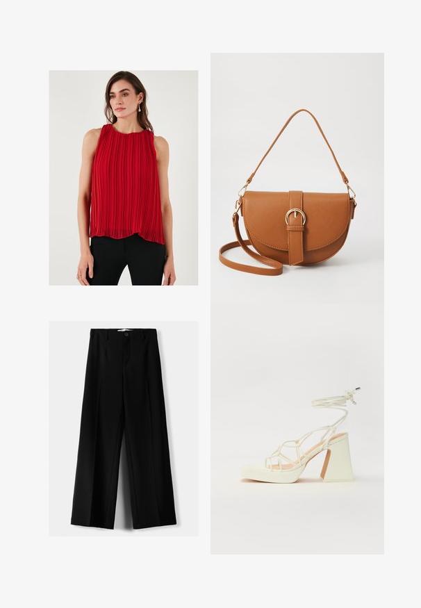 Rode geplooide mouwloze top met een ronde halslijn, met een vloeiende pasvorm en een lichtgewicht textuur. Gecombineerd met zwarte aansluitende broek.; Zwarte wijde broek van lichtgewicht stof, met een knoopsluiting aan de voorkant en een vlakke achterkant, afgewerkt met keurig gestikte zoom.; Witte hoge hakken sandaal met een chunky hak, met een bandjesontwerp en enkelband. Gladde textuur met een plateau voor extra hoogte.; Bruine leren schoudertas met een gebogen vorm, gouden hardware en een gespaccent. Bevat een afneembare schouderriem.