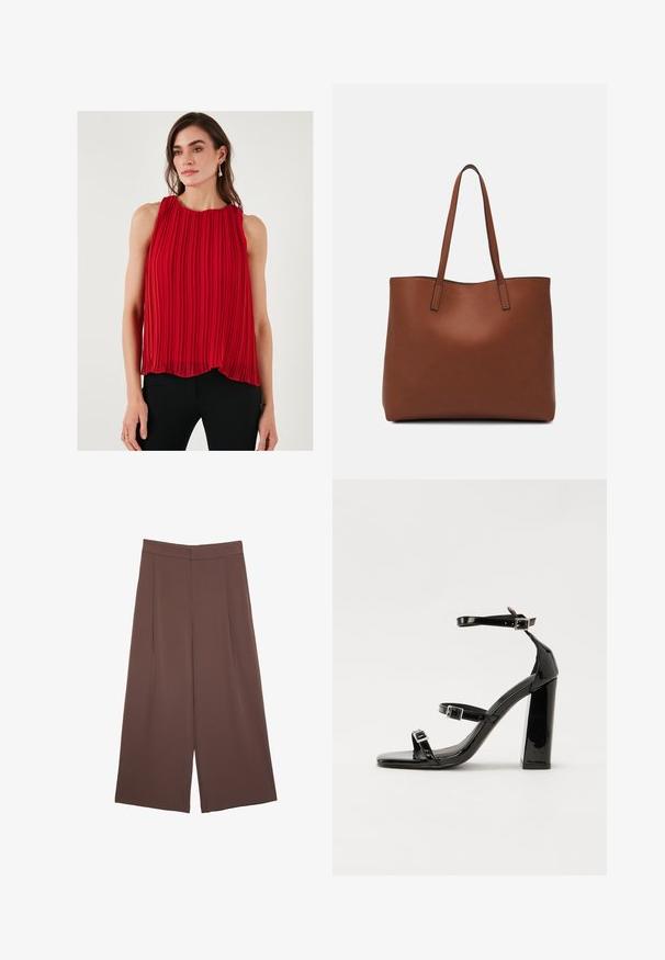 Haut rouge plissé sans manches avec un col rond, présentant une silhouette fluide et une texture légère. Associé à un pantalon noir ajusté.; Pantalons larges marron avec une texture lisse, dotés d'une taille haute et de plis à l'avant. Le tissu est léger et tombe de manière fluide.; Sandales à talons vernies noires avec un bout carré, des sangles autour de la cheville et des boucles en argent. Dotées d'un talon bloc épais pour plus de stabilité.; Sac fourre-tout en cuir marron avec une texture lisse, design à ouverture supérieure et deux poignées pour le porter à l'épaule. Présente des coutures minimales et aucun matériel visible.