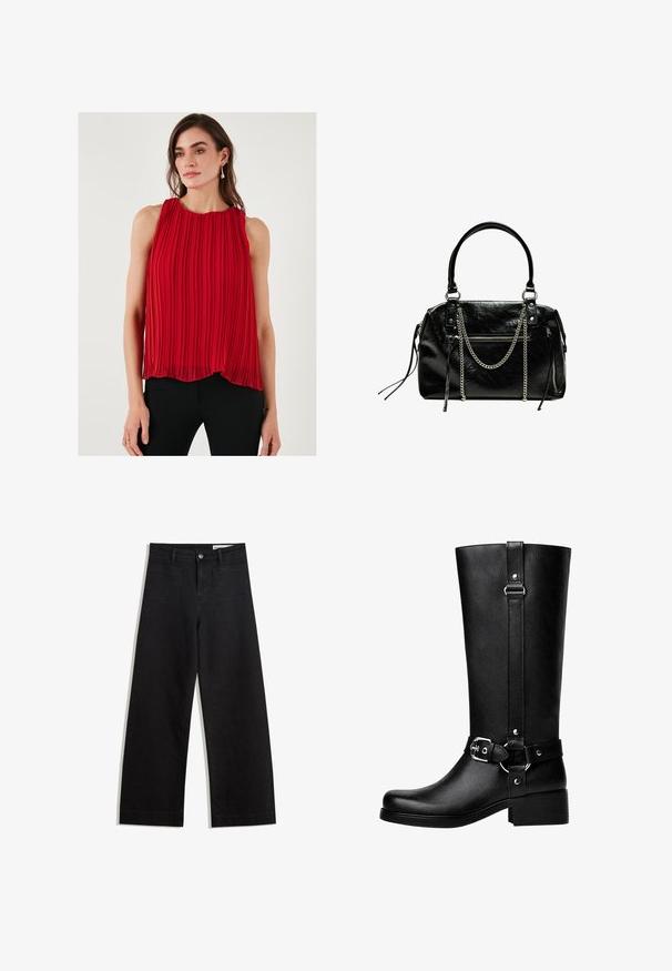 Czerwony pleciony bezrękawnik z okrągłym dekoltem, o zwiewnym kroju i lekkiej fakturze. Połączony z czarnymi dopasowanymi spodniami.; Czarne dżinsowe spodnie o szerokich nogawkach i wysokim stanie, z przednimi i tylnymi kieszeniami, przeszyciami oraz zapięciem na guziki. Gładka struktura.; Wysokie czarne buty z faux skóry, z okrągłym noskiem, detalem klamry na pasku oraz grubym obcasem. Gładka tekstura i pionowa szew na cholewie.; Bershka - Torebka