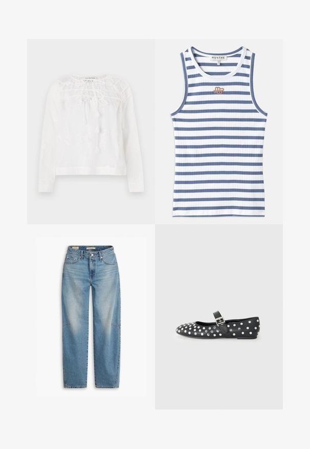 Weißes Langarmbluse mit floraler Stickerei, einem Rundhalsausschnitt mit Krawatten und einem lässigen Schnitt. Leichter Stoff mit subtiler Textur.; Gestreifter Tank-Top aus abwechselnd blauen und weißen Rippstoff. Das Design umfasst ein kleines braunes Logo auf der Brust und einen blauen Rand am Ausschnitt.; Helle blaue hochgeschnittene Jeans mit geradem Bein, klassischem Fünf-Taschen-Stil und dezentem Verblassen an den Vorderseiten.; Schwarze Lederflachschuhe mit runder Kappe, ausgestattet mit silbernen Nieten in einem gepunkteten Muster und einem Schnallenriemen über dem Spann.