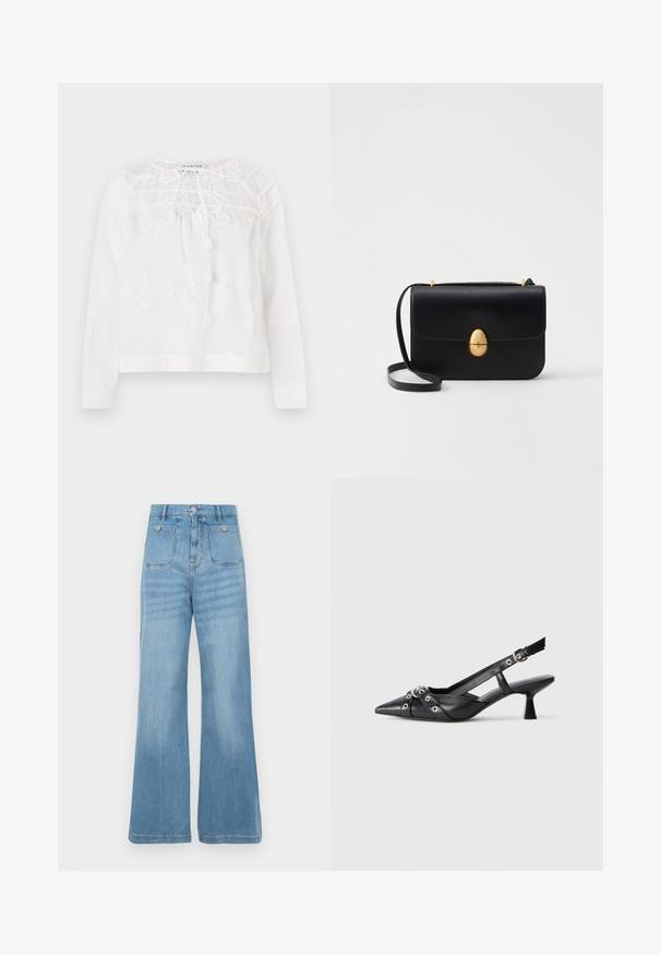 Blusa branca de manga longa com bordado floral, decote redondo com laços e um corte relaxado. Tecido leve com uma textura subtil.; Calças de ganga de denim azul claro com design de perna larga, apresentando dois bolsos frontais e dois bolsos traseiros, acabadas com uma bainha crua e fecho de botão.; Sapato slingback em couro preto com biqueira fina, tiras decorativas com ilhós de metal e um pequeno salto quadrado. Superfície texturizada.; Bolsa de mão em couro preto com uma forma rectangular estruturada. Apresenta um fecho oval dourado e uma alça para o ombro fina. Textura suave.
