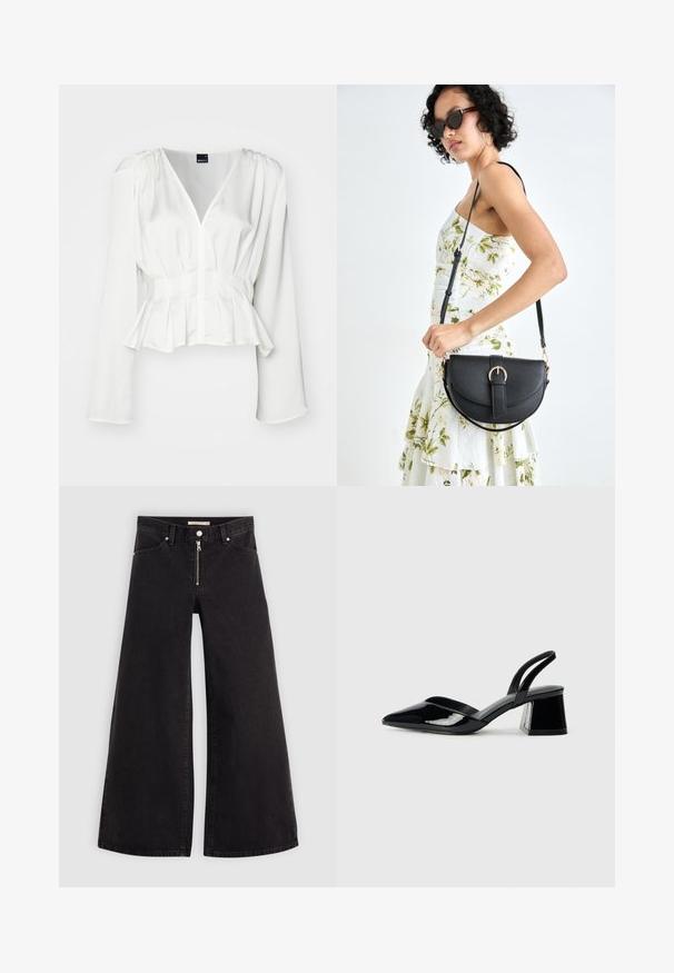 White long-sleeve blouse with a V-neck, pleated waist, and soft fabric. Features ruched shoulder detail and buttons down the front.; Wide-leg jeans in black denim with a zippered front, five-pocket design, and subtle stitching details. Smooth texture and casual style.; Black patent leather slingback heels with a pointed toe and a geometric block heel. Features a sleek, minimal design and smooth texture.; Black leather handbag with a curved shape, detachable strap, and gold hardware. The bag features a flap with a buckle detail.