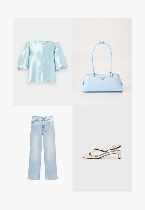 Svetlo modra satenasta bluza z napihnjenimi rokavi in okroglim izrezom, s sredinsko šivom, ki poteka navzdol po sprednji strani. Gladka textura.; Svetlo modri široki džins hlače iz denima z visokim pasom, petimi žepi in gumbom za zapiranje. Imajo minimalne šive.; Bežna usnjena sandala s slingbackom z mrežastimi trakovi, nizko peto in črnimi detajli. Gladka tekstura in minimalističen dizajn.; Svijetloplavi ručni torbica s strukturiranim oblikom, glatkim kožnim materijalom, dvije ručke i trokutastim logotipom brenda na prednjoj strani. S zatvaračem.