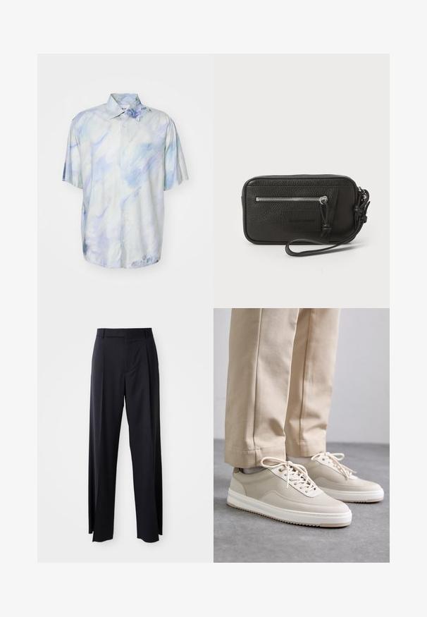 Camicetta a maniche corte con bottoni in blu chiaro e bianco con un motivo astratto in acquerello; realizzata in tessuto morbido; vestibilità ampia e dettaglio del colletto.; Pantaloni neri a vita alta con gamba larga, realizzati in tessuto liscio. Presentano pieghe frontali e passanti per cintura. Design minimalista, senza hardware visibile.; Sneaker beige con tomaia testurizzata, suole bianche e dettagli cuciti, abbinate a pantaloni beige, esposte su una superficie grigia.; Clutch nera in pelle con superficie testurizzata, tasca frontale con zip e tracolla rimovibile. Presenta una patch con logo sul davanti. Forma rettangolare.