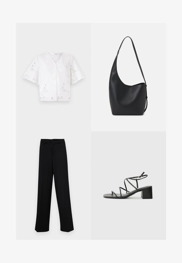 White short-sleeve blouse with a V-neck, featuring embroidered floral patterns and cut-out details along the hem and sleeves.; Black wide-leg trousers made of smooth fabric, featuring a classic waistband with a button closure and front pleats.; Black strappy sandals with a square toe and a chunky heel, made of smooth material. Features adjustable ankle straps and minimal hardware.; Black leather hobo bag with a smooth texture, curved shape, and single adjustable strap; features a wide opening at the top.