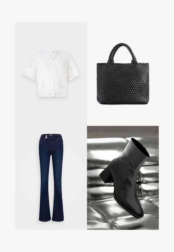 Weißes kurzärmeliges Blusenshirt mit V-Ausschnitt, das mit gestickten Blumenmustern und ausgeschnittenen Details am Saum und an den Ärmeln verziert ist.; Dunkelblaue Schlagjeans mit hoher Taille, zwei Fronttaschen und zwei Knopfverschlüssen. Hergestellt aus Denim mit glatter Textur.; Schwarzer Knöchelstiefel aus glänzendem Material mit quadratischer Zehenform und verjüngtem Absatz, vor einem glänzenden silbernen gepolsterten Hintergrund.; Schwarze geflochtene Tragetasche mit zwei Griffen, ausgestattet mit einer strukturierten Oberfläche und rechteckiger Form. Einfaches, einzigartiges Design ohne sichtbare Hardware.