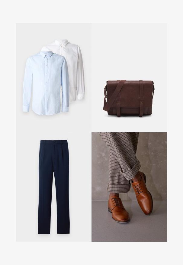 To lange skjorter med lange ærmer: en lyseblå med lodrette striber, og en ensfarvet hvid. Begge har knaplukning foran og kravedetaljer.; Mørkeblå bukser lavet af glat stof, med en enkelt knaplukning, læg og lige ben. Minimalistisk design uden bemærkelsesværdige mønstre.; Brune lædersko har en rund tå, fem hoveder til snørebånd og kontrasterende mørke snørebånd. Bukserne er ternede og opsmøgede ved hængslerne.; Brun læder buddeltaske med en flad frontklap, to remme, guld hardware detaljer og en justerbar skulderrem.