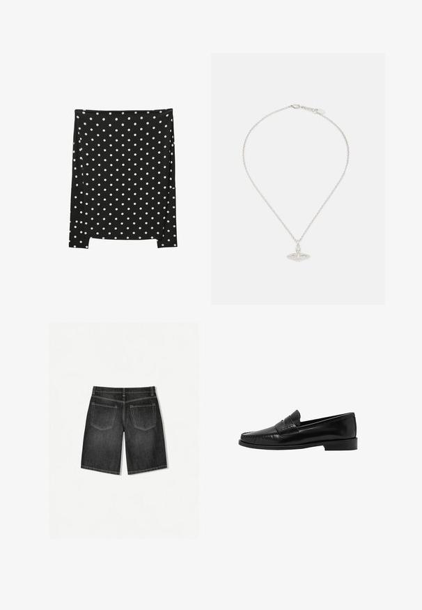 Czarna koszula z długim rękawem w białe kropki, prosta dolna krawędź i dopasowany krój.; Ciemnoszare szorty dżinsowe o prostym kroju, z dwoma tylnymi kieszeniami i subtelnym kontrastowym szwem. Materiał ma gładką teksturę.; Mango - Półbuty wsuwane; Srebrna naszyjnik z delikatnym łańcuszkiem i owalnym wisiorkiem, ozdobionym misternymi detalami oraz małym akcentem w postaci kamienia szlachetnego.