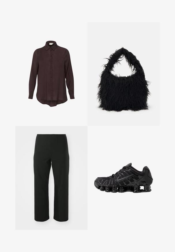 Temno purpurna majica z dolgimi rokavi in gumbom spredaj, mehka tekstura in ovratnik. Okroglo dno in gumbi v usklajeni barvi.; Vero Moda Curve VMCAUGUSTA PANT - Hlače - black; Črne atletske čevlje z mrežasto zgornjico in sijočimi detajli. Imajo ukrivljeno podložitev iz vzmeti in teksturirane linije na strani. Logotip Nike je viden.; Even&Odd Torba za nakupovanje - black