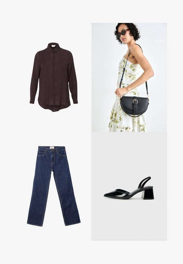 Mörkt lila långärmad skjorta med knäppning framtill, mjukt och skönt material, samt krage. Rundad nederkant och knappar i matchande färg.; Mörkblå raka jeans med framfickor, bälteshällor och knappstängning.; Svarta lackläder slingback klackar med spetsig tå och geometrisk klack. Har en elegant, minimalistisk design och slät yta.; Svart läderhandväska med en böjd form, avtagbar rem och guldiga detaljer. Väskan har ett lock med en spänndetalj.