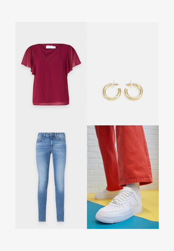 Burgundia lühikeste varrukatega pluus V-kaelusega, millel on läbipaistvad liblikasuurused varrukad ja sileda tekstuuriga materjal. Sildi peal on kirjas "VILA."; Hallux hallhormiga kapuutsiga halli pusaga, millel on V-kaelus ja pikad varrukad, mustade täppidega ääres ja kaeluses, valmistatud pehmest kangast.; Kitsas lõikega helesinised denim teksad keskmise kõrgusega vöökohaga, esise nupuga ning viie taskuga disainiga.; Valge nahast tennis, millel on perforeeritud varvas, tekstureeritud tallad ja valged shoelaces, kombineeritud laia punase pükste ja sinise ning kollase taustaga.; Kuldne rõngassõrmused sileda ja läikiva viimistlusega. Ringikujuline disain, millel on väike post ja selge tagumine külg, et tagada kindel kandmine.