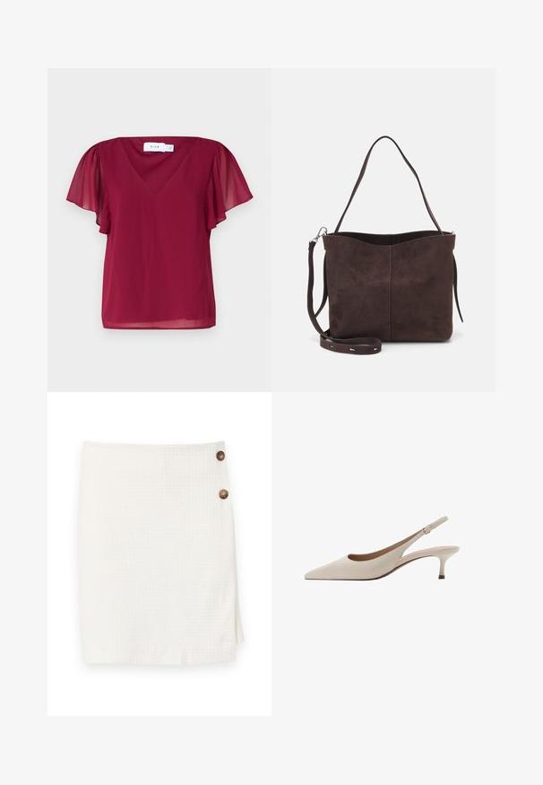 Burgundy short-sleeve blouse with a V-neckline, featuring sheer flutter sleeves and a smooth texture. Label displays "VILA."; White skirt with a textured fabric, featuring a wrap design and two round buttons on the side for fastening.; Beige slingback heels with a pointed toe and a low, flared heel. Made from smooth leather with a minimalistic design and adjustable strap.; Brown suede tote bag with a soft texture, featuring a single shoulder strap and a subtle curved top opening. No visible hardware details.