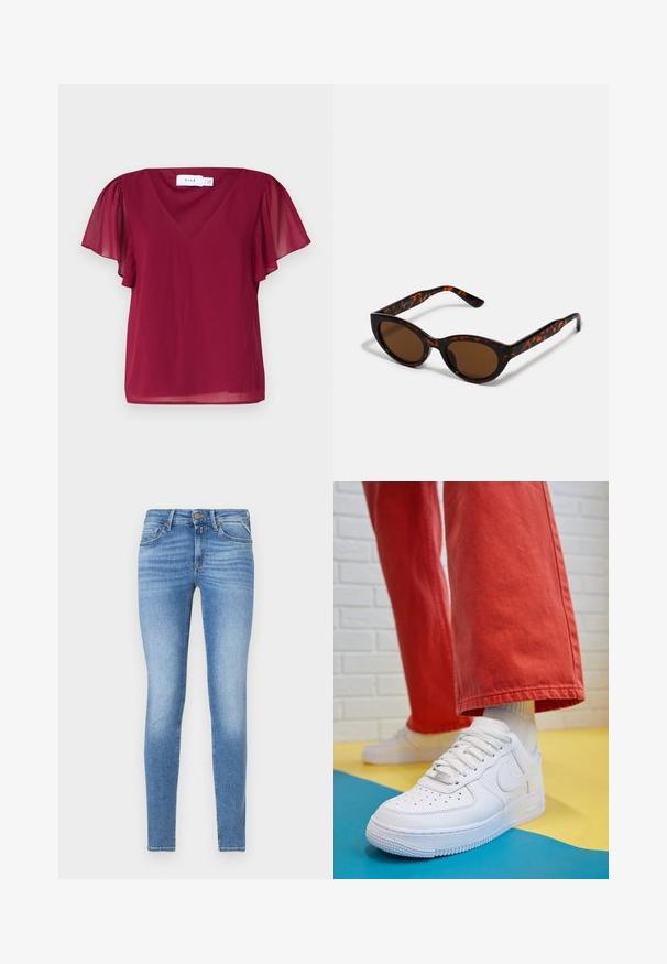Blusa curta bordeaux com decote em V, apresentando mangas esvoaçantes transparentes e uma textura suave. O rótulo exibe "VILA."; Jeans de ganga azul claro, slim-fit, com cintura média, botão frontal e design de cinco bolsos.; Sapatilha de couro branca com biqueira perfurada, sola texturizada e atacadores brancos, combinada com calças largas vermelhas e um fundo azul e amarelo.; Óculos de sol tortoiseshell castanhos com um formato vintage de olho de gato e lentes castanhas. Apresenta braços curvados com acentos vermelhos.; Brincos em argola dourados com um acabamento liso e brilhante. Design circular com um pequeno pino e suporte transparente para um uso seguro.